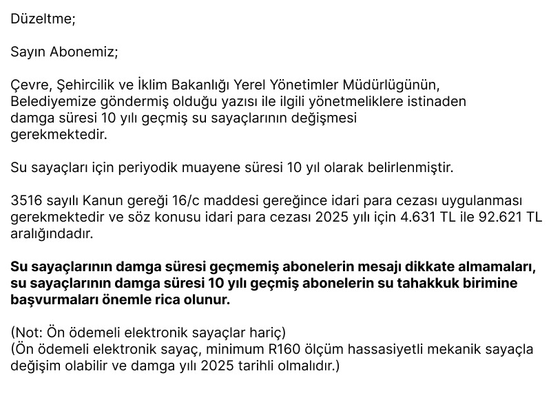 Su Aboneleri Duyuru Düzeltmesi