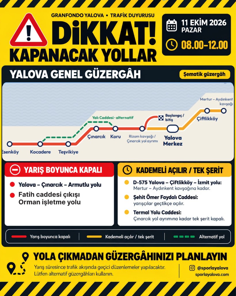 11 Ekim Pazar Günü Çınarcık-yalova Yolu 4 Saat Kapalı Olacak