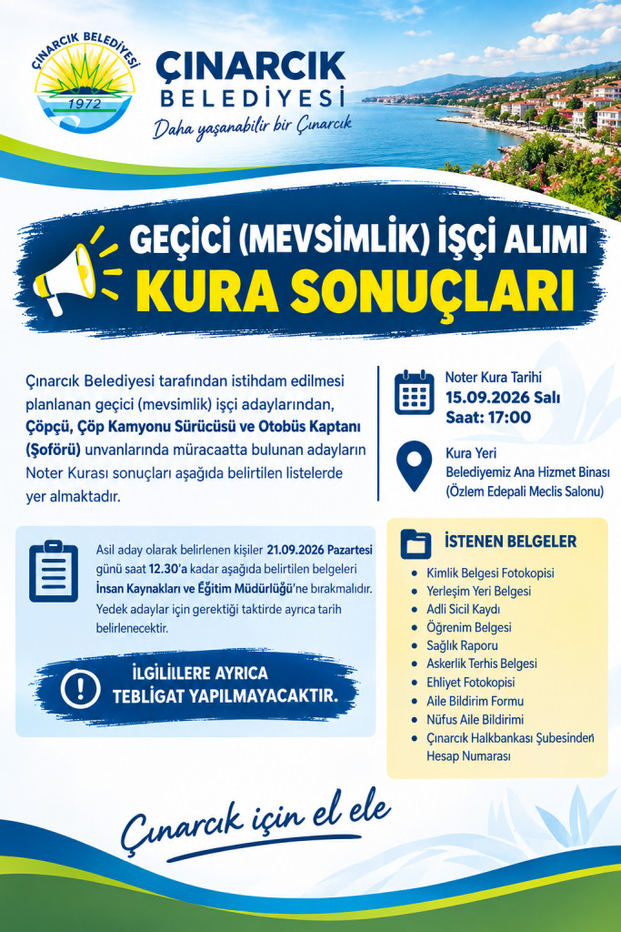 Geçici (mevsimlik) İşçi Alımı Kura Sonuçları