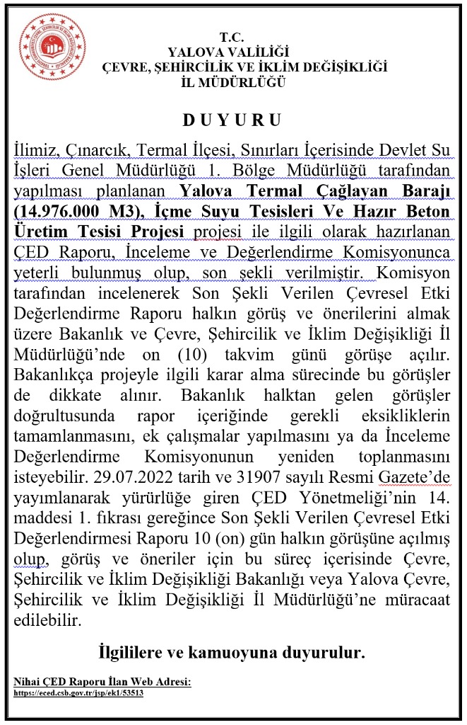 Yalova Termal Çağlayan Barajı (14.976.000 M3), İçme Suyu Tesisleri Ve Hazır Beton Üretim Tesisi Projesi